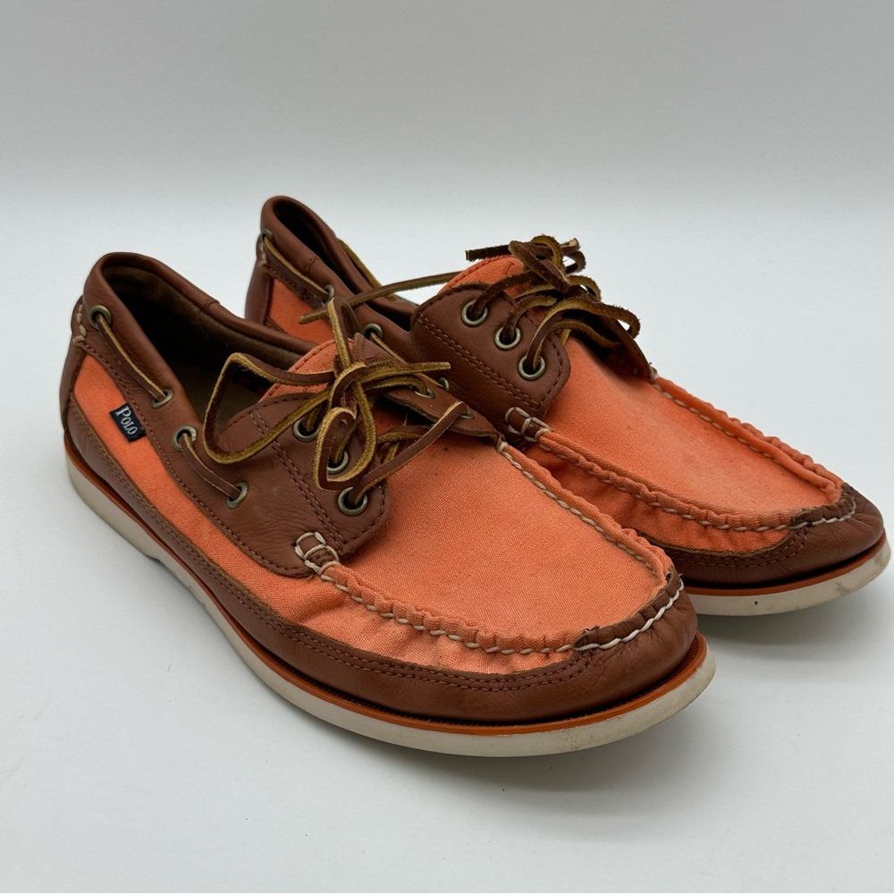Polo by Ralph Lauren Coral Canvas and Brown Leather Boat Shoes with White Sole
